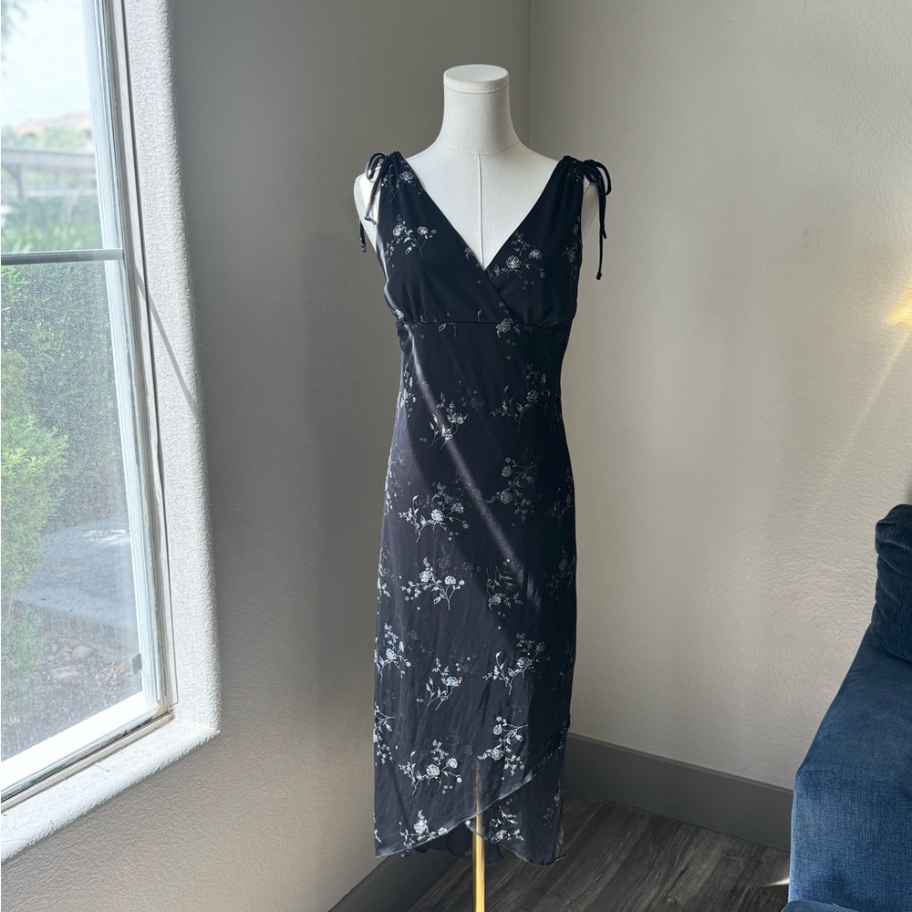 2000s Black Whimsy-Goth MIDI Dress with Sparkly Floral Design, Ruby Rox, Large
